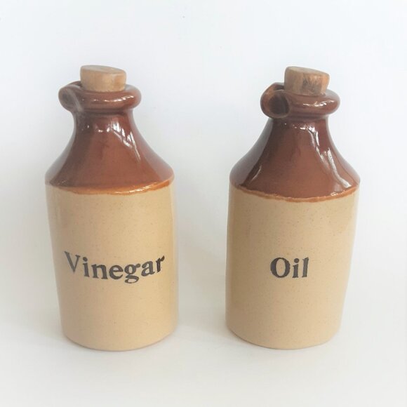 Oil & Vinegar Cruets Crocks Chesterfield Stoneware Made in England VTG 1930-50s - Picture 1 of 11
